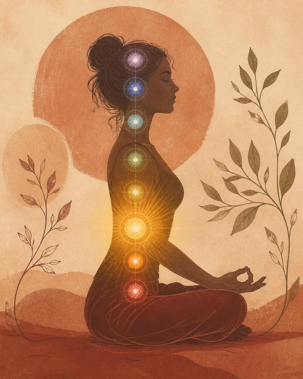 Vrouw in meditatie met de zeven chakra's, solar plexus opgelicht in goud